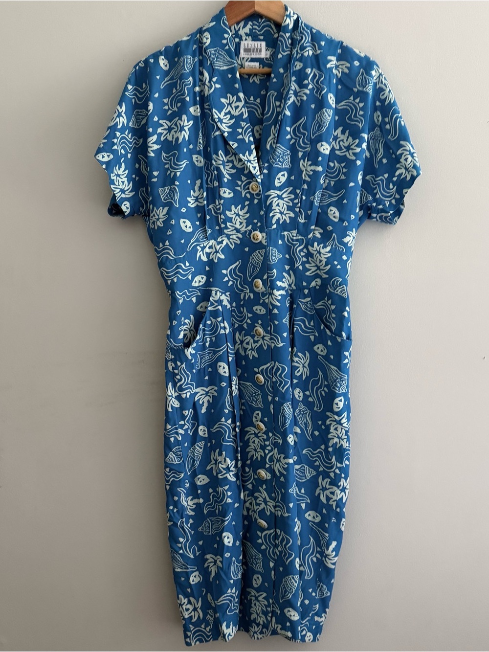 Vintage Seashell Tropical Print Blue Summer Midi Dress - Picture 2 of 7